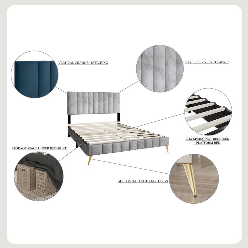 CraftPorch Modern Velvet Tufted Upholstered Gold Accent Platform Bed
