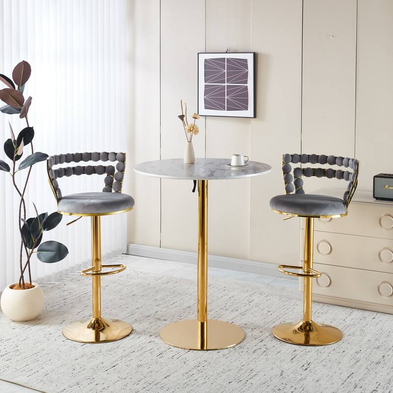Set of 2 Modern Bar Chairs with Gold Iron Legs & Soft Cushions, Grey Upholstered Barstool for Cafe, Dining & Living Room