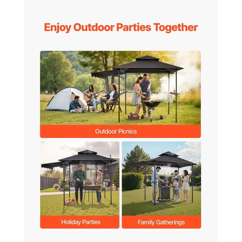8x5 Feet BBQ Grill Gazebo with Double Tier Roof and Steel Frame Side Shelves and Hanging Hooks - 95.67” x 59.06” x 98.43”