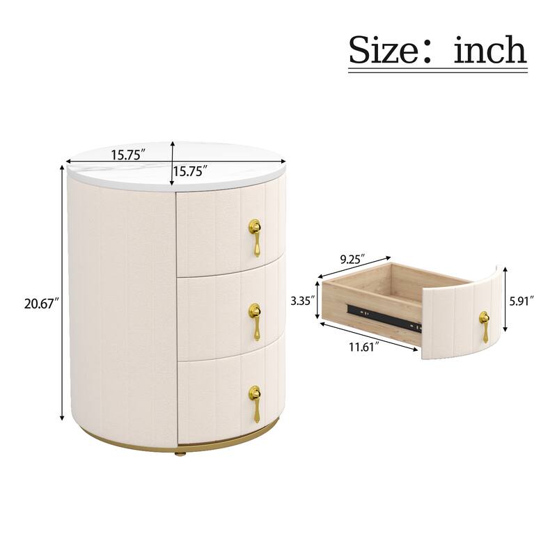 Upholstered 3-Drawer Nightstand - Round Marbling Top Bedside Table (Fully Assembled Except Handles, Beige)