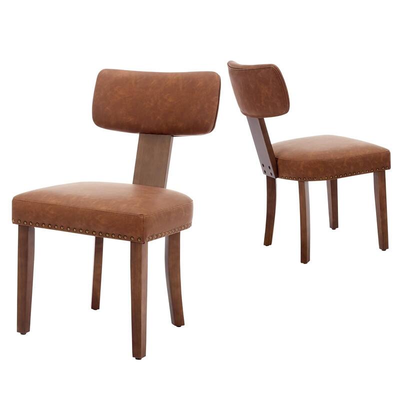 Set of 2 Modern Leather/Linen Dining Chairs - Curved Backrest w/Hardwood Frame