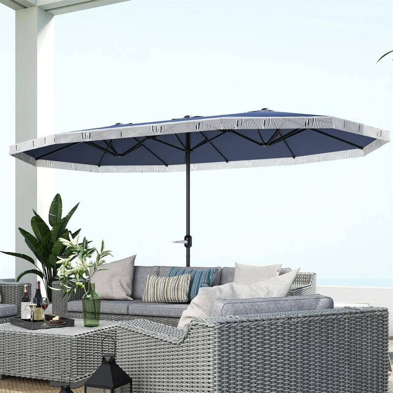 Large Double Rectangle Patio Umbrella with Crank Lift and UV Protection Steel Pole Fringe