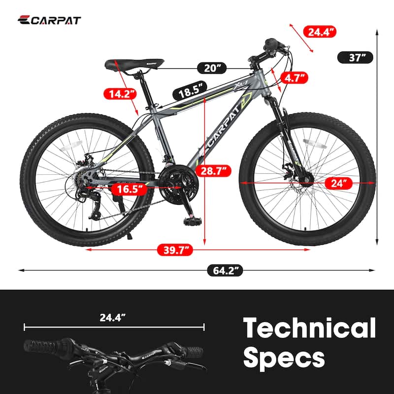 24 Inch Mountain Bike Boys Girls, Steel Frame, Shimano 21 Speed Mountain Bicycle with Daul Disc Brakes and Front Suspension