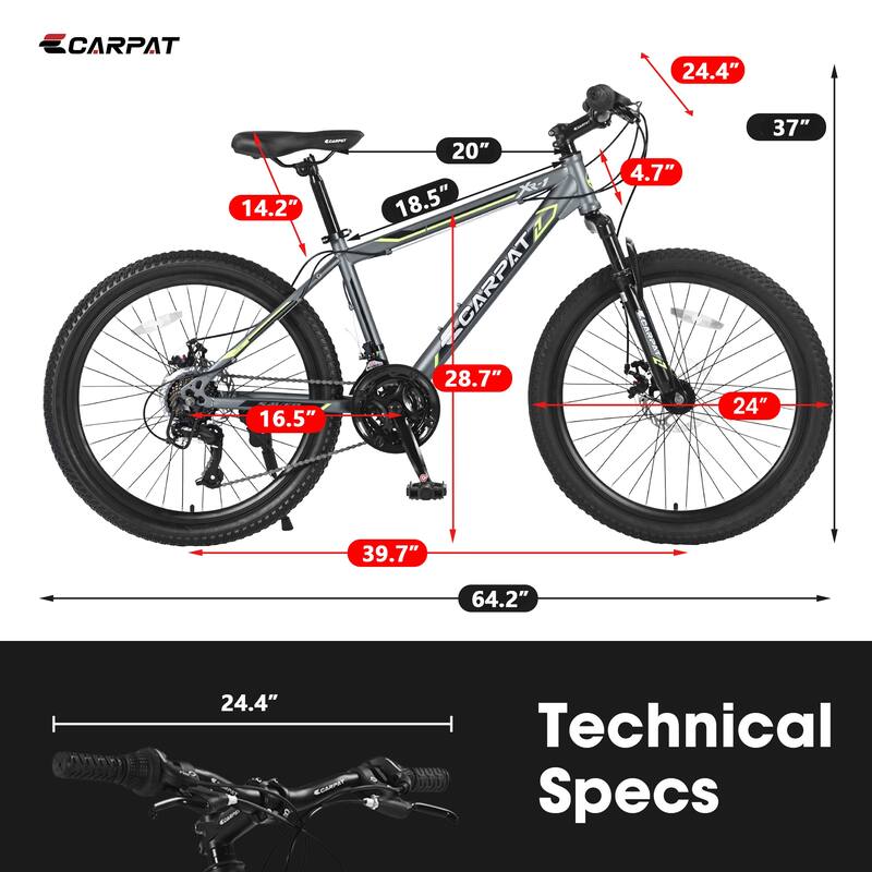 Mountain Bike - Steel Frame, Shimano 21 Speeds, Dual Disc Brakes, Front Suspension, Kids/Teen - 24
