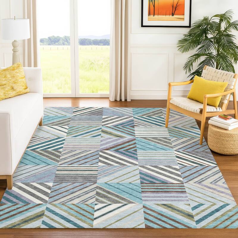 Machine Washable Indoor/ Outdoor Geo Mosaic Chantille Rug