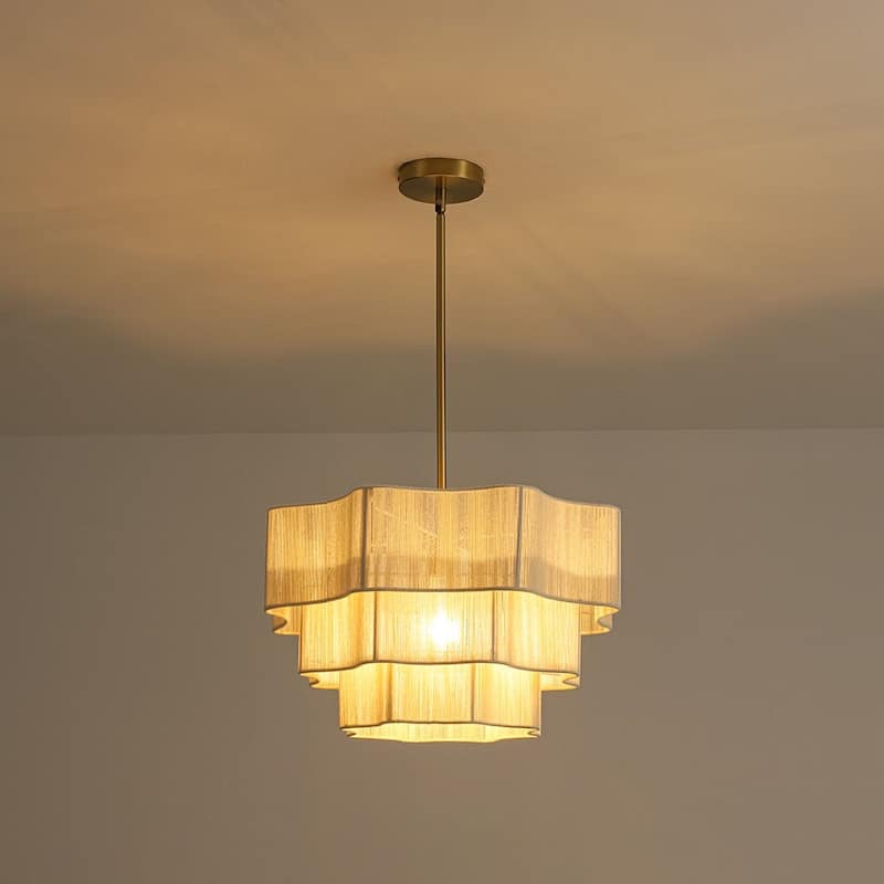 Woven Ivory String 3-Tier Round Lantern Chandelier 19.7in Brass