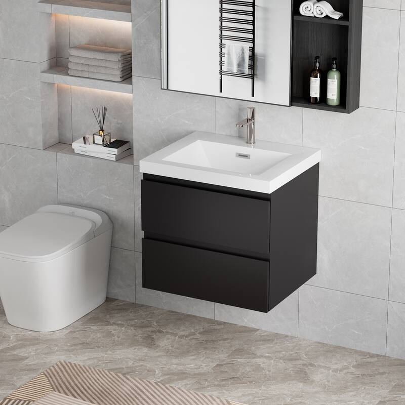30" Modern Floating Bathroom Vanity with Glossy Resin Sink, Wall-Mounted Bathroom Cabinet with Soft Close Drawers