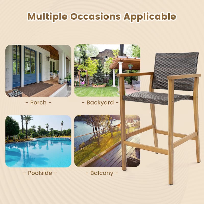 Gymax Patio Rattan Bar Stool Set of 2 Outdoor PE Wicker Bar Chairs w/