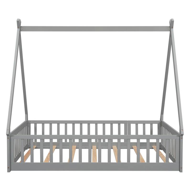 Full Tent-shaped Floor Bed,with Guardrails,Slats,Door