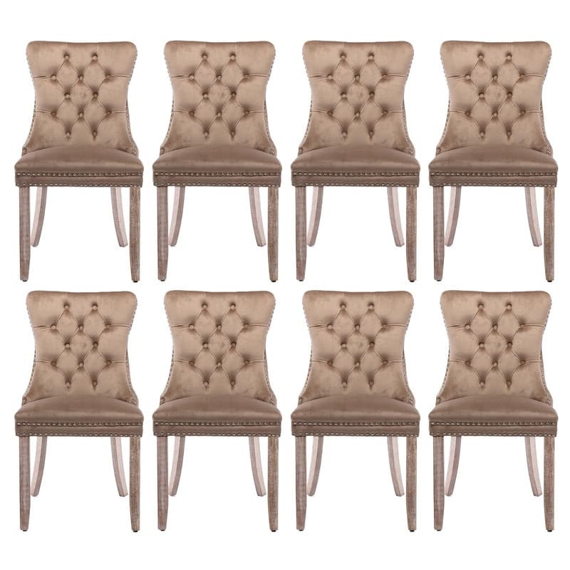Tufted Naliheads Solid Wood Upholstered Dining Chairs (Set of 8) - Khaki RubberWoodLegs