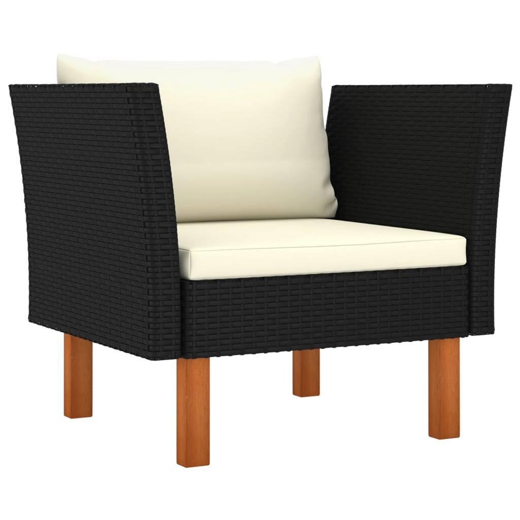 Outdoor Sofa Chair, Black Rattan, Ivory Cushions, Brown Wood 29 Inch