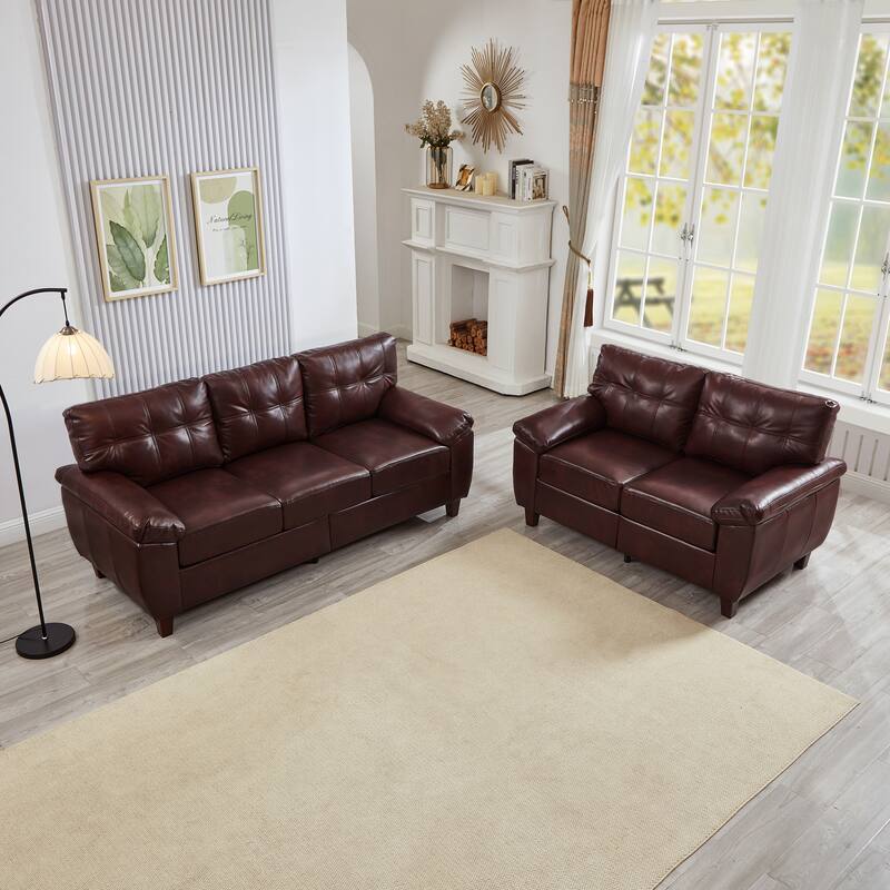 Faux Leather Upholstered Sofa Set of 2 with Loveseat and 3 Seater Couch, Breathable PU Leather Sofa with Storage and Big Armrest