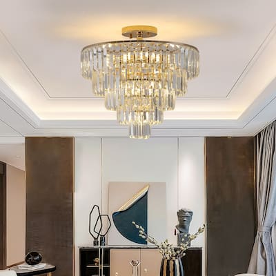 Gold Crystal Chandeliers,5-Tier Round Semi Flush Mount Chandelier