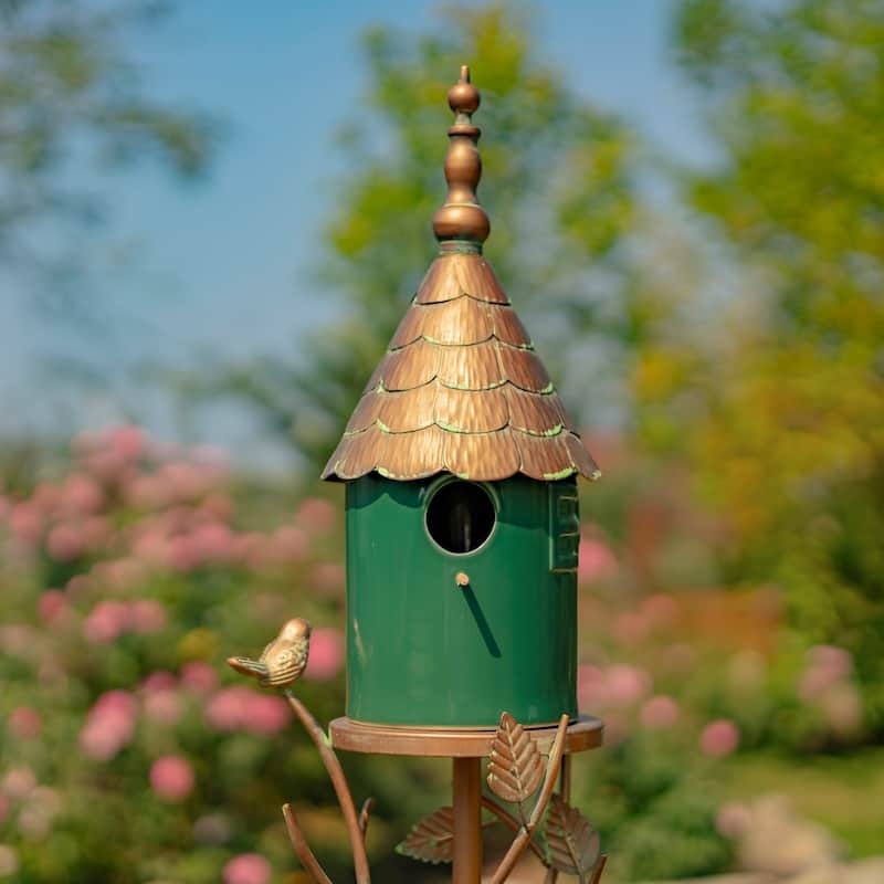 68.75" Tall Iron & Dark Green Porcelain Birdhouse Stake "Prague" - 8.5" L x 6.25" W x 68.75" H - Green/Brown