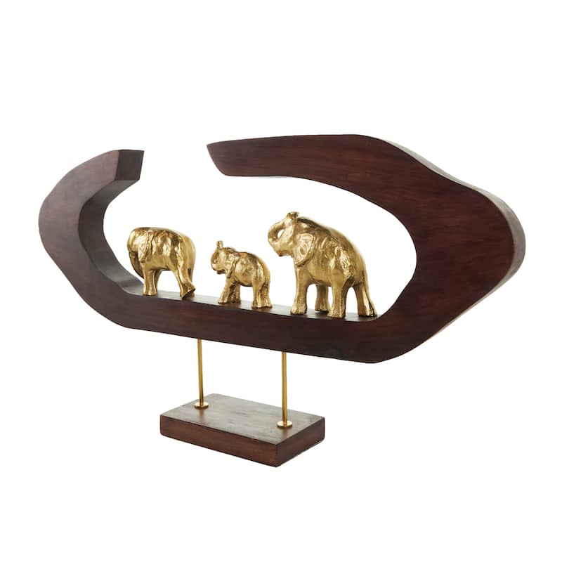 Gold Aluminum Metal Elephant Sculpture with Brown Wooden Frame