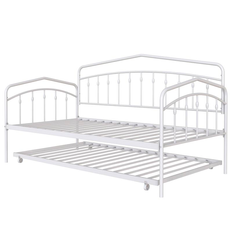 Twin Metal Daybed with Trundle and Easy-Glide Casters, White, No Box Spring Needed, Durable Slats Support, Anti-Noise Design
