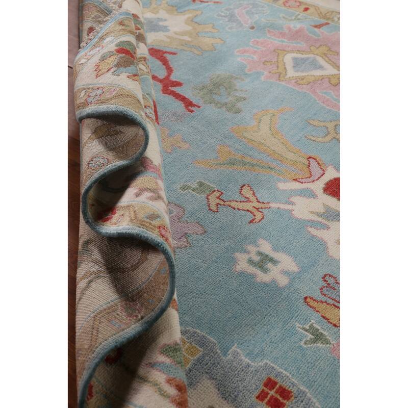 Light Blue Floral Oushak Rug Hand-Knotted Oriental Wool Carpet - 8'10"x 11'10"
