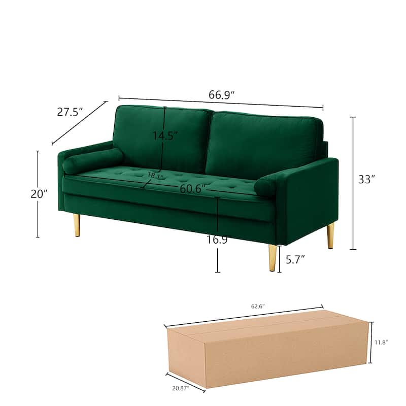 Velvet Loveseat Upholstered Corner Sofa Tufted Couch with 2 Cylindrical Pillow for Living Room 2-seat Armchair