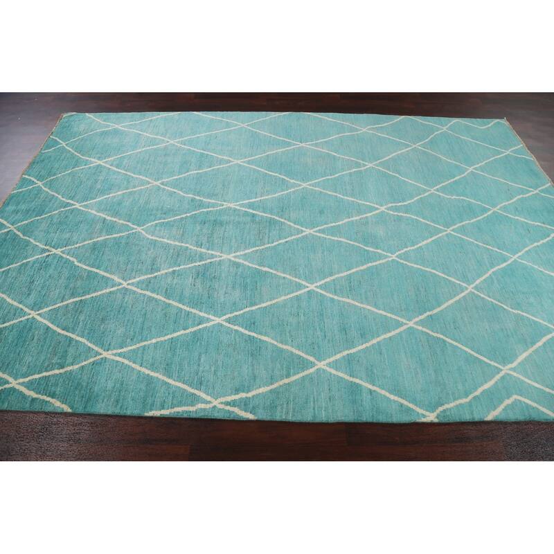Turquoise Trellis Moroccan Vegetable Dye Area Rug Handmade Wool Carpet - 6'4" x 9'5"