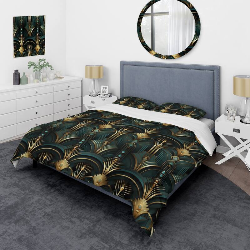 Designart "Gold And Green Art Deco Opulence" Gold Bohemian - Bedding Cover Set With Shams