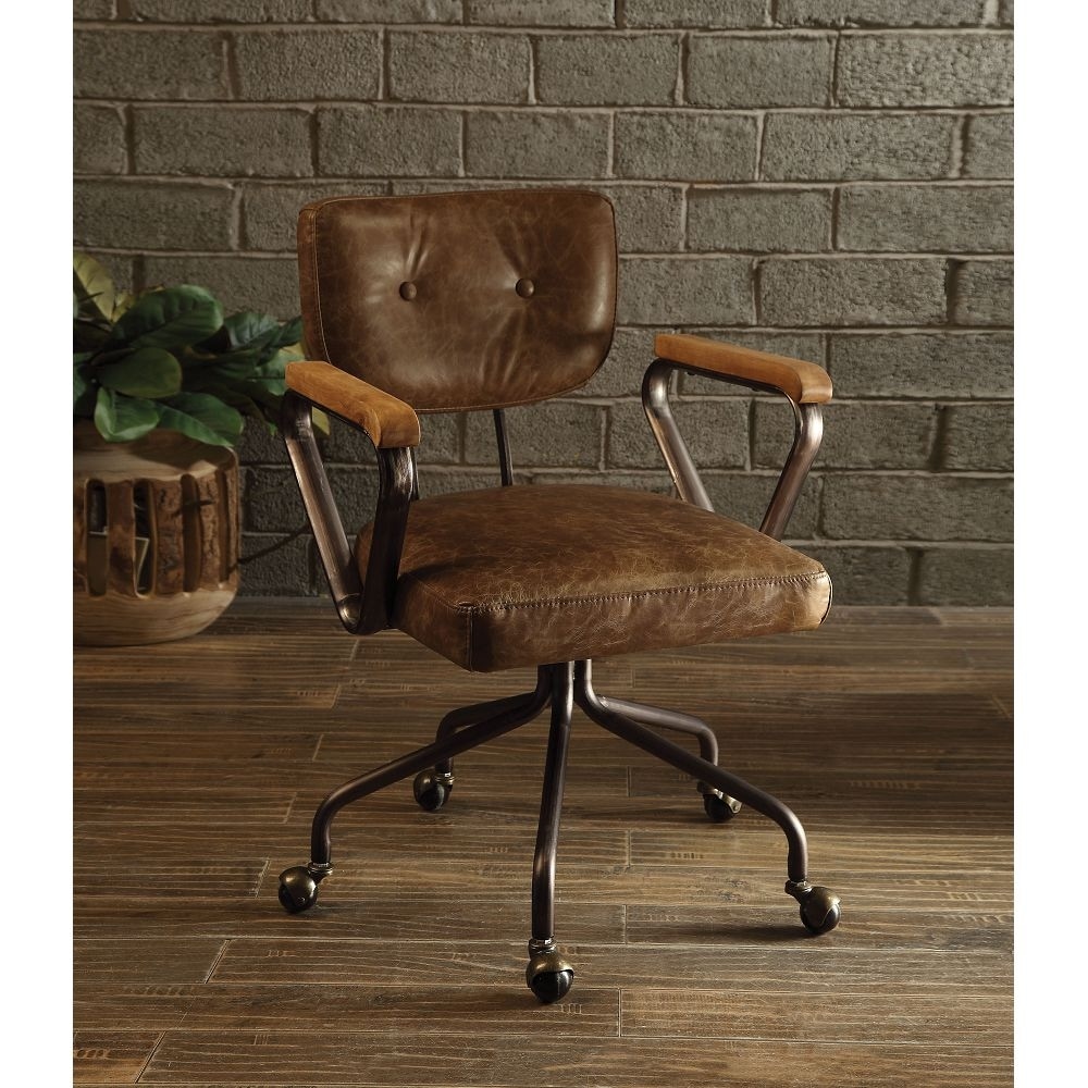 Vintage Top Grain Leather Cushion Office Chair Wooden Armrest Metal Base Executive Chairs with Nailhead Trim and Casters