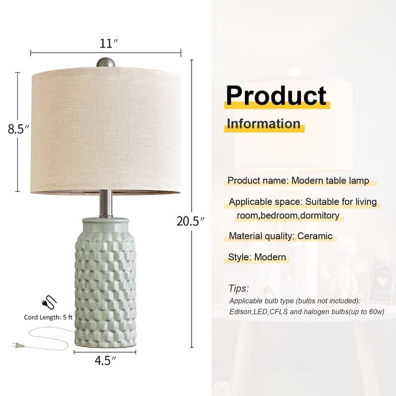 Modern Ceramic Bedside Lamp Set of 2 for Bedroom Decor Farmhouse