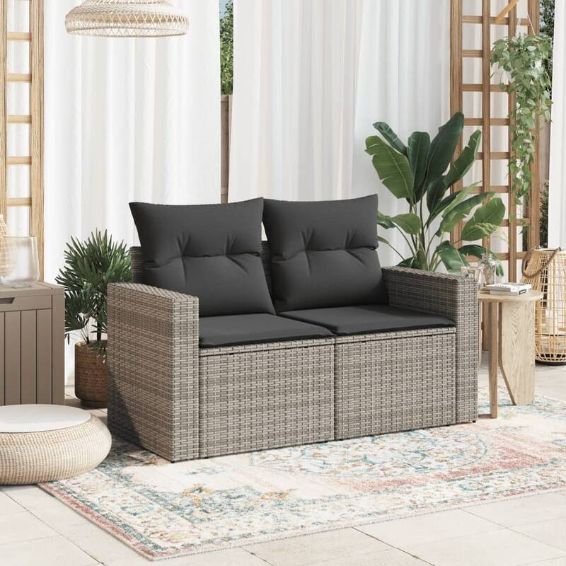 vidaXL Patio Sofa with Cushions 2-Seater Modular Couch Loveseat Poly Rattan - 24.4 x 51.6 x 27.2 in