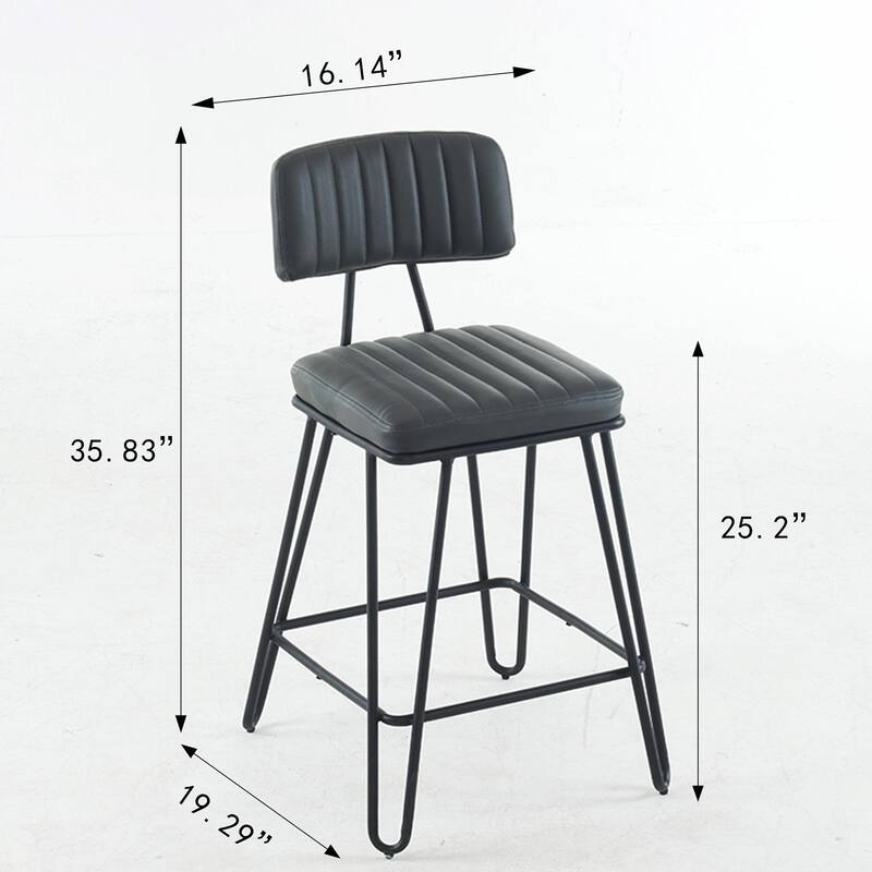 Industrial Bar Stools Set of 2, Counter Height Chairs with PU Leather Upholstery & Metal Frame