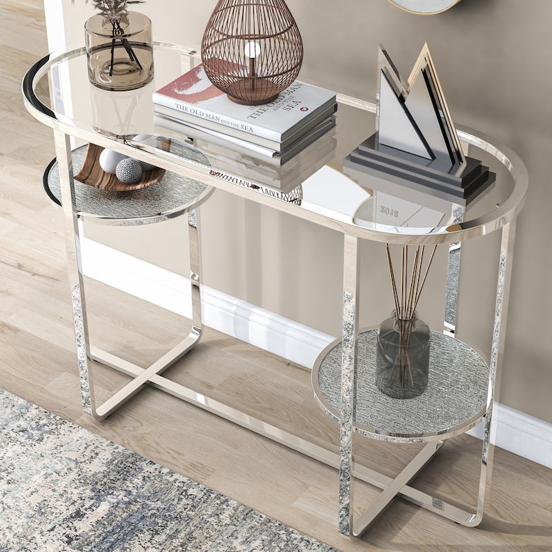 Kaldwell Glam Chrome 42-inch Glass Top 2-Shelf Sofa Table by Furniture of America - Waterfall Mirror
