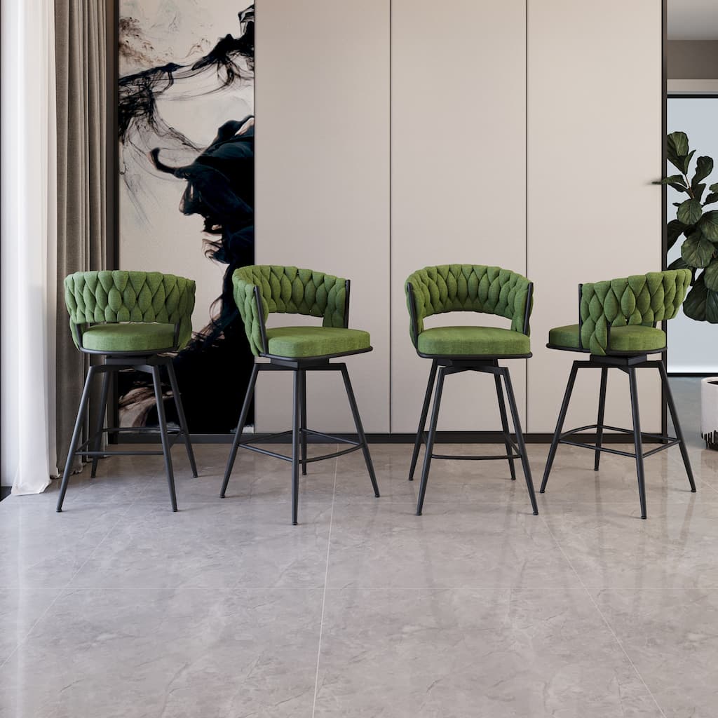 Set of 4 Green 26" Swivel Bar Stools, Suede Woven Upholstery with Back, Footrest & Black Legs