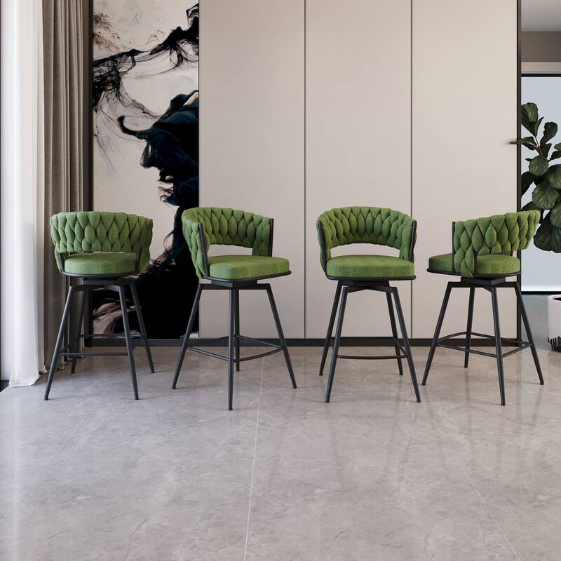 Suede Woven Bar Stool Set of 4, No Adjustable Kitchen Island Chairs,360 Swivel Upholstered Counter Stool with Back Footrest - Green