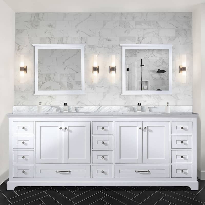Dukes 84 in. W x 22 in. D Navy Blue Double Bath Vanity, Carrara Marble Top, Faucet Set, and 34 in. Mirrors