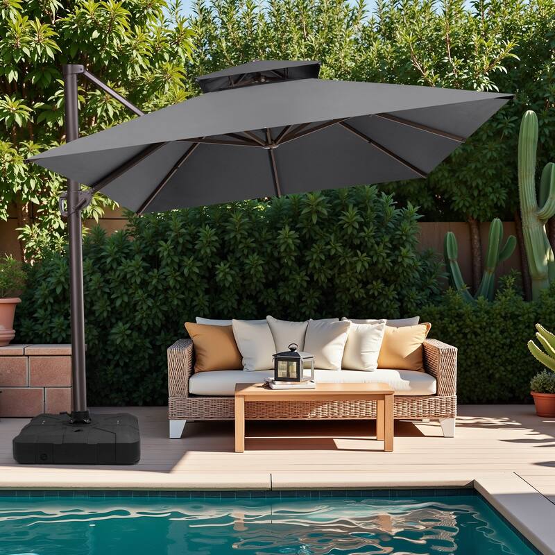 10 x 13 Feet Double Top Rectangular Rotating Patio Offset Cantilever Umbrella with Crank - Dark Grey with Base