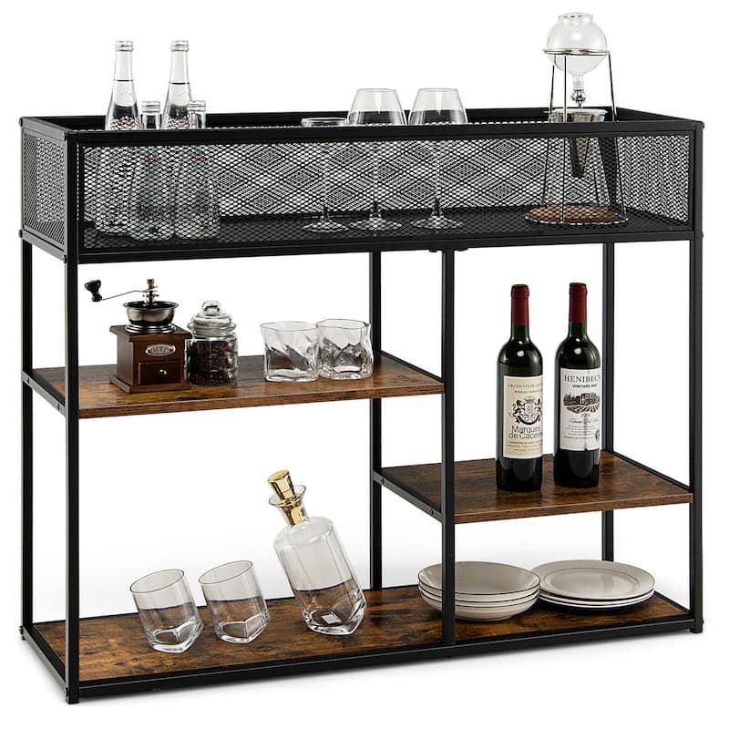 Gymax 4-Tier Console Table w/ Wire Basket Narrow Sofa Table w/ shelf - Black - MDF