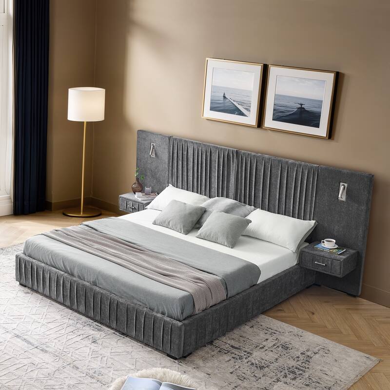 Rossetta Pleated Design Queen Size Upholstered Bed Frame with Headboard, No Box Spring Needed