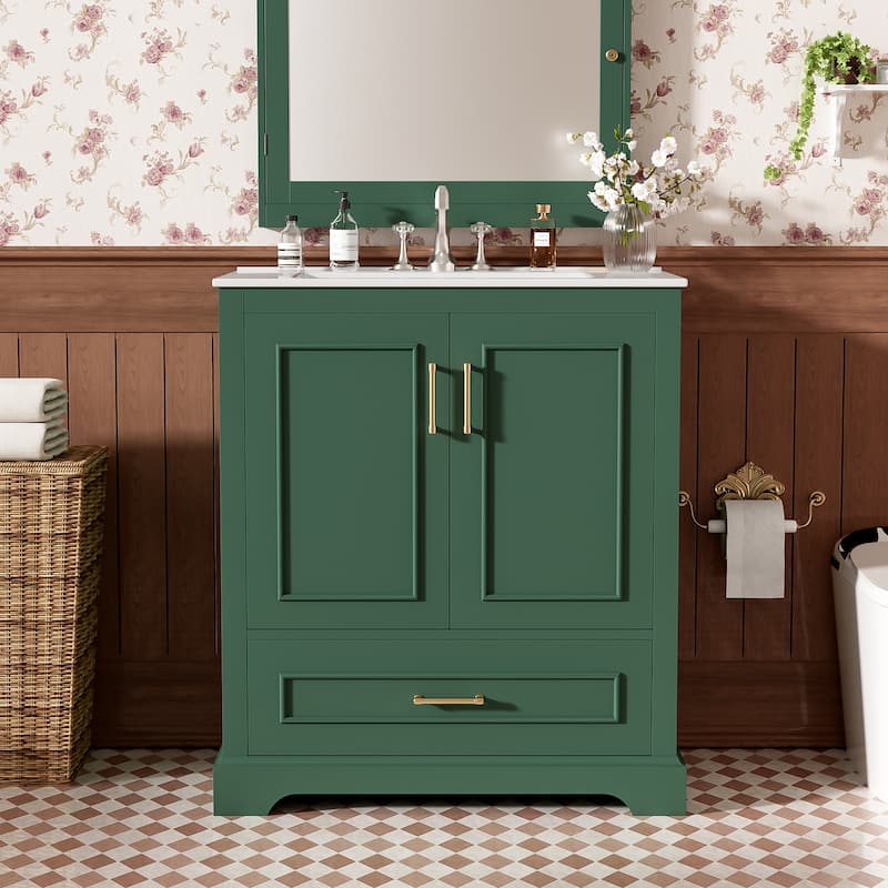 Compact Freestanding Vanity with Integrated Sink - MDF/Solid Wood Construction, Soft-Close Doors & Smart Storage