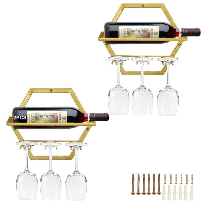 2Pcs Wall Mounted Wine Bottle Stemware Rack - 11"D x 10"W x 1.8"H - Gold