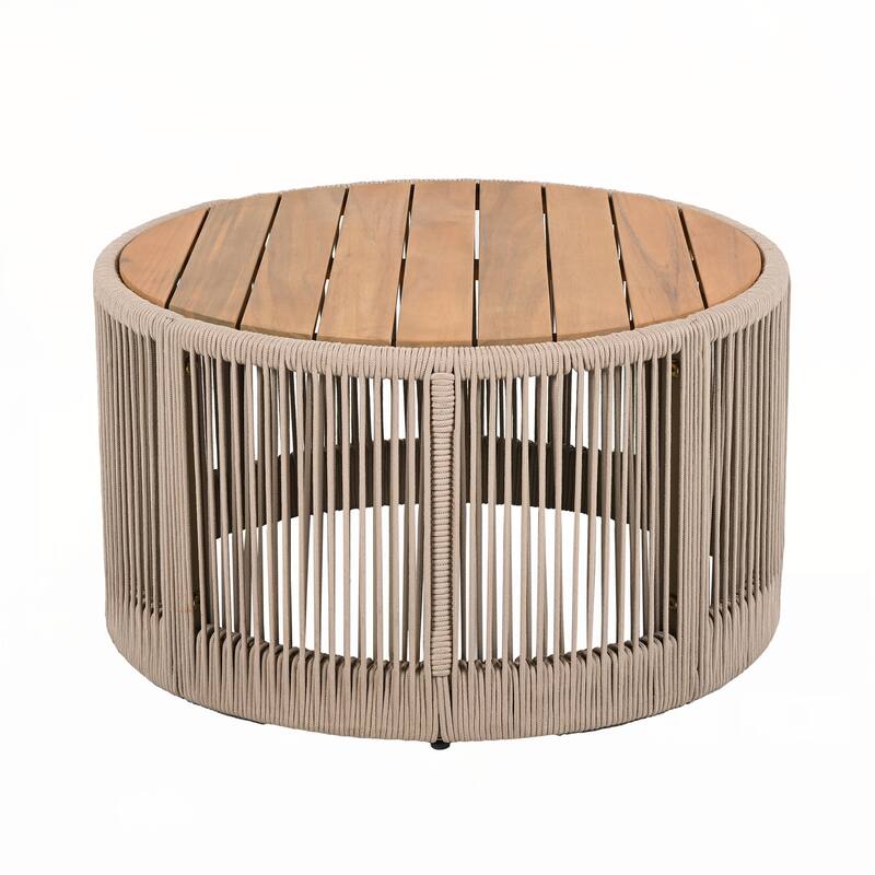 Outdoor Rattan rope and Acacia Wood Coffee Table(Rope Beige, Natural Iron)
