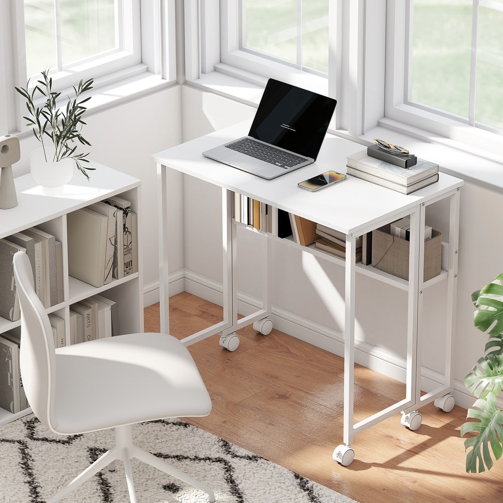 HOMCOM Small Folding Desk, Rolling Computer Desk Foldable with Storage Bag and Shelf, 31.5" Portable Writing Table on Wheels