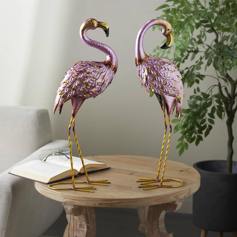 Metal Flamingo Decorative Garden Sculpture with Dimensional Feathers and Gold Accents - Set of 2 Pink - Roche River Decor