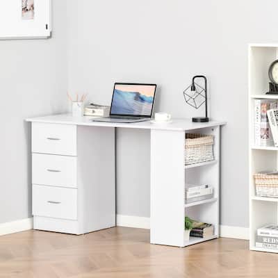 White MDF Desk with 3 Storage Drawers and Open Shelves for Home or Office