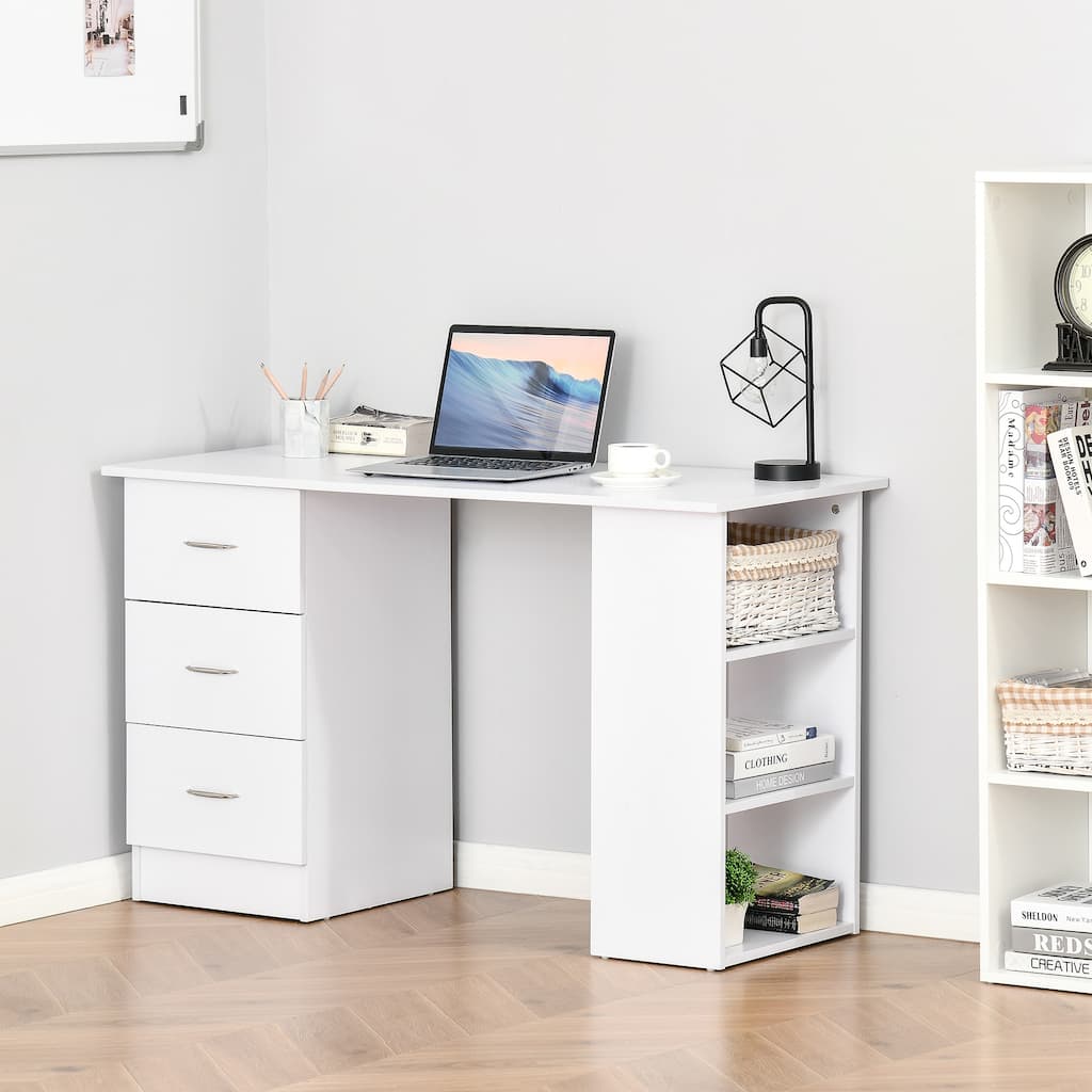 White MDF Desk with 3 Storage Drawers and Open Shelves for Home or Office