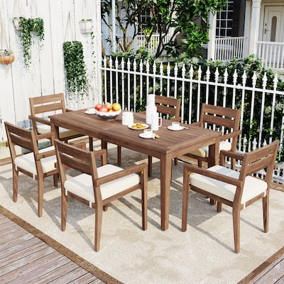 7 Piece Acacia Wood Outdoor Dining Table Set, All-Weather Patio Conversation Set with 6 Removable Cushion Chairs