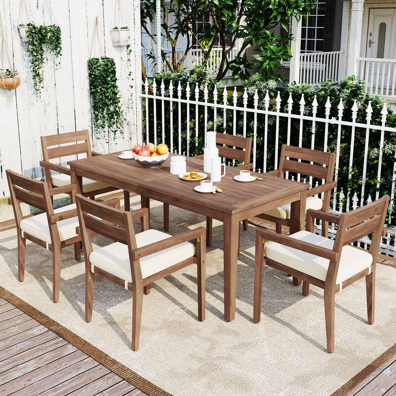 Roomfitters 7-Piece Acacia Wood Outdoor Dining Set with Cushions, 6 Armchairs and Rectangular Table for Patio Garden - Burly Wood