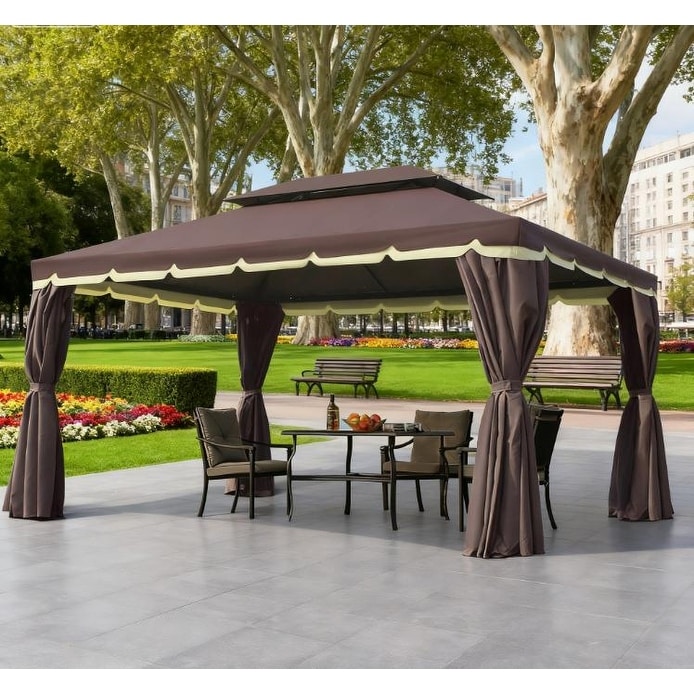 GDFStudio - 12.8'x9.5' Aluminum Frame Double Roof Patio Gazebo with Curtains & Netting