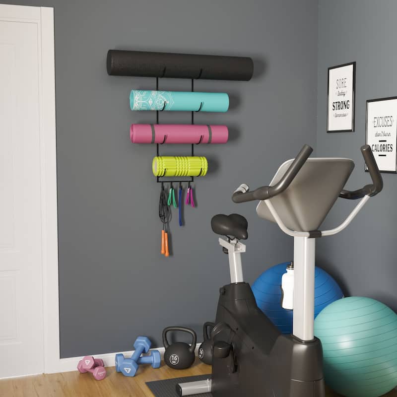 Wallniture Core 4 Sectional Yoga Mat Holder Wall Mount Foam Roller Storage Metal Sports Rack, Black