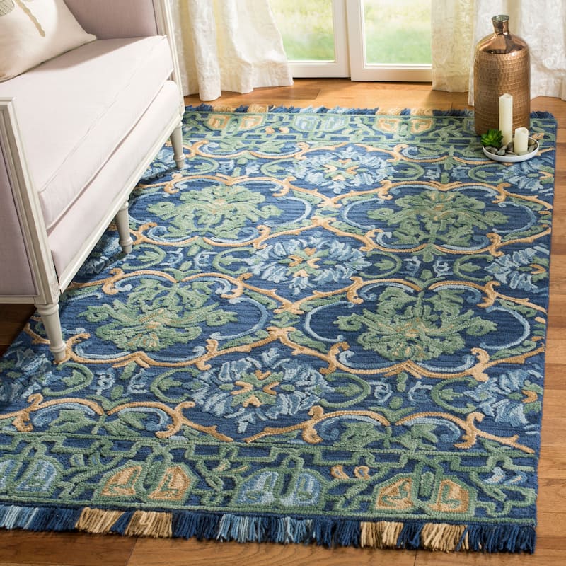 SAFAVIEH Handmade Blossom Parthenia Floral Wool Rug - 5' x 8' - Navy/Green - Rectangle