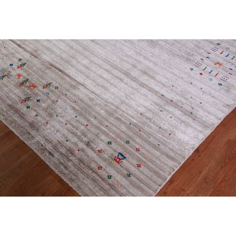 Striped Gabbeh Indian Area Rug Hand-Knotted Grey Modern Wool Carpet - 9'2" x 12'3"