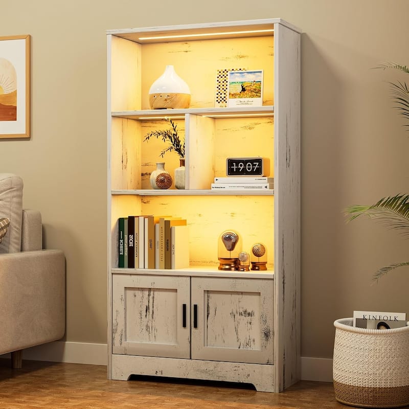 5-Tier Bookshelf with Cabinet and 2 Drawers, Standing Bookcase Display Rack for Bedroom, Living Room, or Home Office