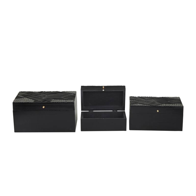 Wood Intricate Carved Box with Hinged Lid (Set of 3) - S/3 12, 10, 9"W